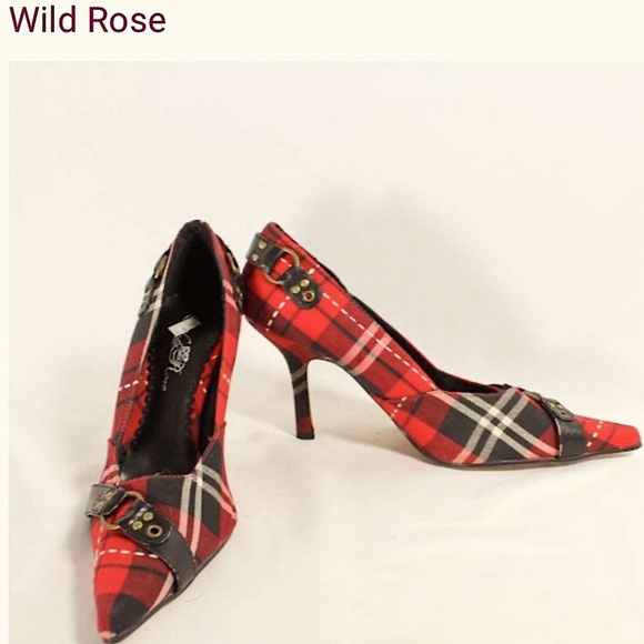 Wild Rose Y2K Vintage style (7.5) Red Tartan Plaid Pointy Toed High Heels NWOT - Picture 1 of 12